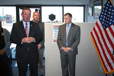 Montgomery County Mayor Jim Durrett speaks Tuesday at a gathering celebrating Fort Campbell Strong's first year and dedicating its new offices.