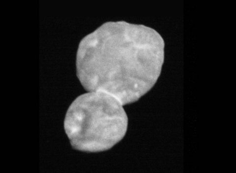 This image taken by the Long-Range Reconnaissance Imager (LORRI) is the most detailed of Ultima Thule returned so far by the New Horizons spacecraft. It was taken at 5:01 Universal Time on January 1, 2019, just 30 minutes before closest approach from a range of 18,000 miles (28,000 kilometers), with an original scale of 459 feet (140 meters) per pixel. (NASA/Johns Hopkins University Applied Physics Laboratory/Southwest Research Institute)
