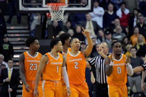 Tennessee Volunteers guard Jordan Bowden (23) and guard Lamonte Turner (1) and forward Grant Williams (2) and guard Jordan Bone (0) react during overtime against the Vanderbilt Commodores at Memorial Gymnasium. Tennessee won 88-83. (Jim Brown-USA TODAY Sports)