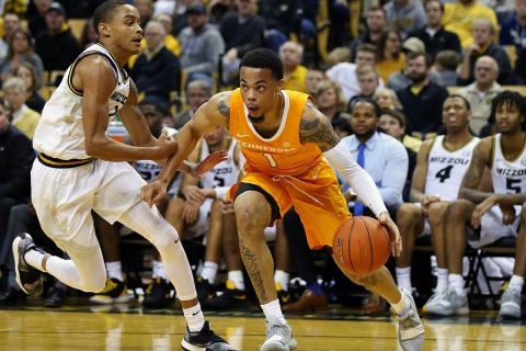 Tennessee Volunteers guard Lamonte Turner (1) drives to the basket against Missouri Tigers guard Xavier Pinson (1) in the first half at Mizzou Arena. (Jay Biggerstaff-USA TODAY Sports)