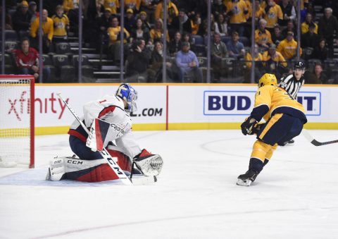 Nashville Predators right wing Viktor Arvidsson (33) scores a goal against Washington Capitals goaltender Pheonix Copley (1) during the first period at Bridgestone Arena. (Steve Roberts-USA TODAY Sports)