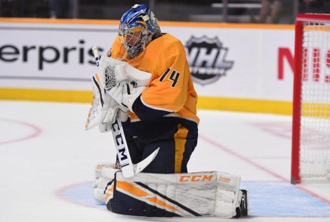 Nashville Predators goaltender Juuse Saros (74) makes a save during the second period against the Philadelphia Flyers at Bridgestone Arena. (Christopher Hanewinckel-USA TODAY Sport)