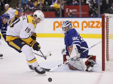  Toronto Maple Leafs goaltender Michael Hutchinson (30) makes a save against Nashville Predators forward Calle Jarnkrok (19) during the first period at Scotiabank Arena. (John E. Sokolowski-USA TODAY Sports)