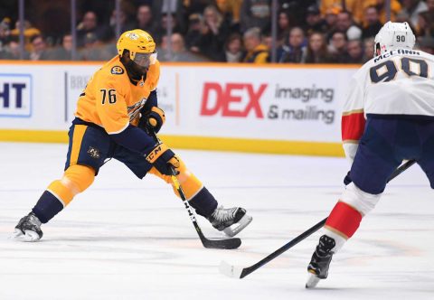 Nashville Predators defenseman P.K. Subban (76) skates the puck into the offensive zone during the first period against the Florida Panthers at Bridgestone Arena. (Christopher Hanewinckel-USA TODAY Sports)