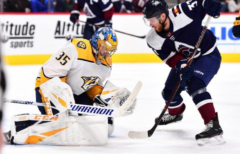 Jan 21, 2019; Denver, CO, USA; Colorado Avalanche left wing J.T. Compher (37) attempts on Nashville Predators goaltender Pekka Rinne (35) in the second period at the Pepsi Center. Mandatory Credit: Ron Chenoy-USA TODAY Sports