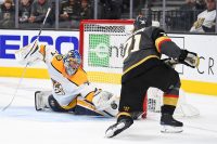 Jan 23, 2019; Las Vegas, NV, USA; Nashville Predators goaltender Juuse Saros (74) makes a save on a second period shot by Vegas Golden Knights center William Karlsson (71) at T-Mobile Arena. Mandatory Credit: Stephen R. Sylvanie-USA TODAY Sports