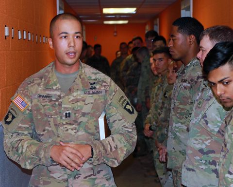 Capt. Horacio Rivas, commander of Company C, 21st Engineer Battalion, 3rd Brigade Combat Team, 101st Airborne Division, speaks to his Soldiers about the importance of the Valhalla Hall display at the dedication ceremony February 14th. (U.S. Army Photo by Sgt. 1st Class Nathan Carvalho) 