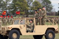 From right: Maj. Gen. Brian Winski, incoming commander of the 101st Airborne Division (Air Assault), Maj. Gen. Andrew Poppas, outgoing commander of the 101st Airborne Division, and Lt. Gen. Laura Richardson, acting commanding general for U.S. Forces Command, inspect the “Screaming Eagle” Soldiers during a change of command ceremony, Feb. 14, at Fort Campbell, Kentucky. During the ceremony, Poppas relinquished command of the world’s only air assault division to Winski. (Spc. Beverly Roche, 40th Public Affairs Detachment)