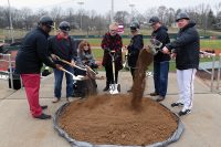 Austin Peay State University Director of Athletics Gerald Harrison is joined by Joe and Cathi Maynard, APSU president Dr. Alisa White, Linda and Doug Downey and Governors baseball head coach Travis Janssen in a ceremonial groundbreaking for the Governors new baseball clubhouse prior to the start of Saturday’s contest. (Robert Smith, APSU Sports Information)