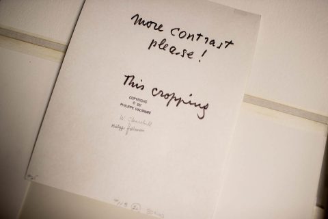 The back of the Churchill print shows printer instructions, probably by Philippe Halsman, and Halsman’s signature and copyright. The back of the Churchill print shows printer instructions, probably by Philippe Halsman, and Halsman’s signature and copyright.