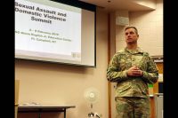 Brig. Gen. Todd Royar, deputy commanding general for support, 101st Airborne Division (Air Assault) listens to a question from the audience during a sexual assault and domestic violence summit on Fort Campbell, Feb. 6 – 8. Medical, law enforcement and legal personnel gathered to examine processes and protocols used when responding to reports of sexual assault and domestic violence. (U.S. Army photo by Maria Yager)