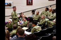 Brig. Gen. Todd Royar, deputy commanding general for support, 101st Airborne Division (Air Assault) answers a question from the audience during a sexual assault and domestic violence summit on Fort Campbell, Feb. 6 – 8. Medical, law enforcement and legal personnel gathered to examine processes and protocols used when responding to reports of sexual assault and domestic violence.  (U.S. Army photo by Maria Yager)