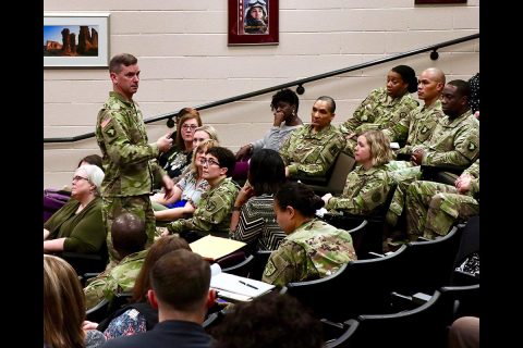 Brig. Gen. Todd Royar, deputy commanding general for support, 101st Airborne Division (Air Assault) answers a question from the audience during a sexual assault and domestic violence summit on Fort Campbell, Feb. 6 - 8. Medical, law enforcement and legal personnel gathered to examine processes and protocols used when responding to reports of sexual assault and domestic violence.  (U.S. Army photo by Maria Yager)