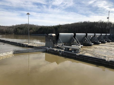 Water is moving through Cheatham Dam Feb. 26, 2019 at a rate of about 110,000 cubic feet per second. U.S. Army Corps of Engineers Nashville District officials are getting the word out to commercial and recreational navigators that Cheatham Lock will remain closed for at least 30 days due to the high water levels expected as the Corps continues to make water releases from its storage reservoirs upstream in the Cumberland River Basin. (Carol Vernon, USACE) 