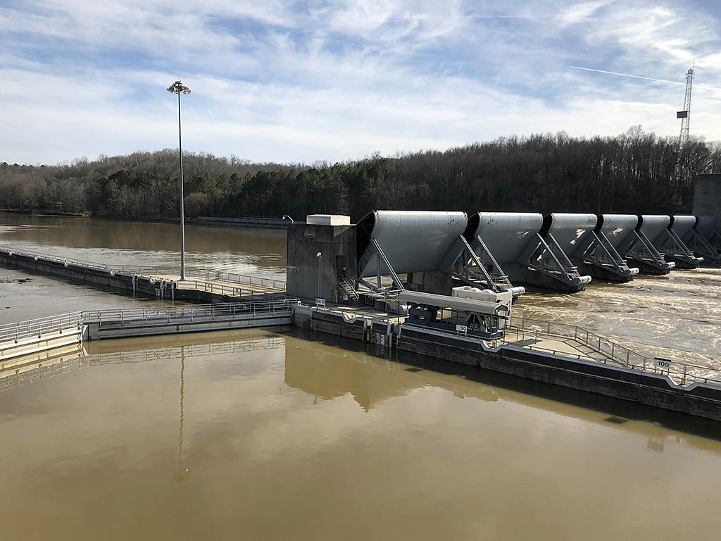 Water is moving through Cheatham Dam Feb. 26, 2019 at a rate of about 110,000 cubic feet per second. U.S. Army Corps of Engineers Nashville District officials are getting the word out to commercial and recreational navigators that Cheatham Lock will remain closed for at least 30 days due to the high water levels expected as the Corps continues to make water releases from its storage reservoirs upstream in the Cumberland River Basin. (Carol Vernon, USACE)