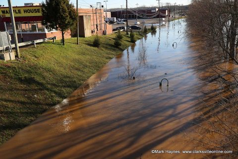 The Red River rising behind Two Rivers Mall in Clarksville.