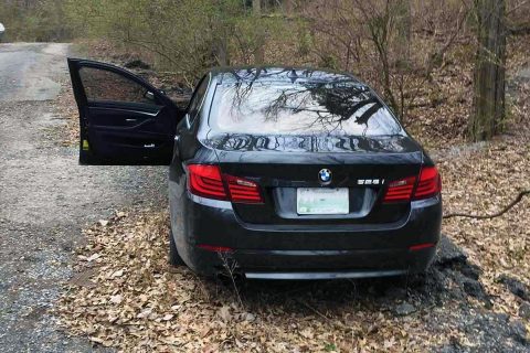 The stolen BMW was abandoned on Quarry Road that leads to the Vulcan Plant. The stolen BMW was abandoned on Quarry Road that leads to the Vulcan Plant.
