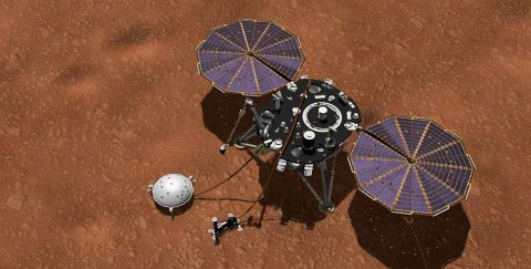 This artist's concept shows NASA's InSight lander with its instruments deployed on the Martian surface. Several of the sensors used for studying Martian weather are visible on its deck, including the inlet for an air pressure sensor and the east- and west-facing weather sensor booms. (NASA/JPL-Caltech)