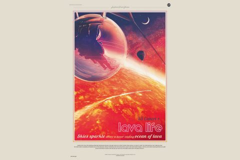 This Exoplanet Travel Bureau poster illustration shows futuristic explorers gliding in a protective bubble over the red-hot landscape of the exoplanet 55 Cancri e. Exoplanets are planets outside our solar system. (NASA/JPL-Caltech)