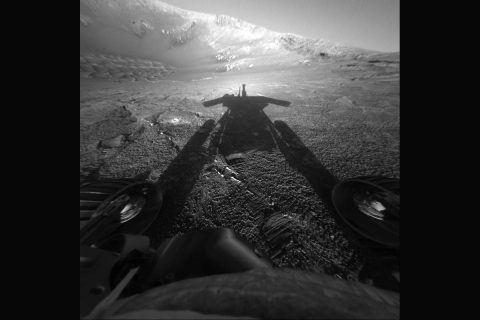 The dramatic image of NASA's Mars Exploration Rover Opportunity's shadow was taken on sol 180 (July 26, 2004), by the rover's front hazard-avoidance camera as the rover moved farther into Endurance Crater in the Meridiani Planum region of Mars. Credit: NASA/JPL-Caltech. was taken on sol 180 (July 26, 2004), by the rover's front hazard-avoidance camera as the rover moved farther into Endurance Crater in the Meridiani Planum region of Mars. (NASA/JPL-Caltech)