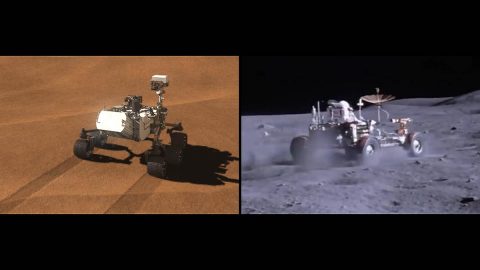 Side-by-side images depict NASA's Curiosity rover (illustration at left) and a moon buggy driven during the Apollo 16 mission. (NASA/JPL-Caltech) Side-by-side images depict NASA's Curiosity rover (illustration at left) and a moon buggy driven during the Apollo 16 mission. (NASA/JPL-Caltech)