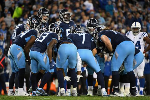 Tennessee Titans quarterback Blaine Gabbert (7) talks in the huddle during the first half against the Indianapolis Colts at Nissan Stadium. (Christopher Hanewinckel-USA TODAY Sports)