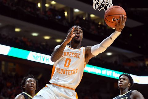 Tennessee Volunteers guard Jordan Bone (0) goes to the basket against the Vanderbilt Commodores during the second half at Thompson-Boling Arena. Tennessee won 58 to 46. (Randy Sartin-USA TODAY Sports)