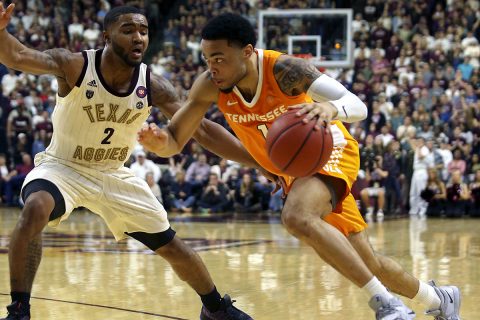 Tennessee Volunteers guard Lamonte Turner (1) dribbles past Texas A&M Aggies guard TJ Starks (2) during the second half at Reed Arena. (John Glaser-USA TODAY Sports)