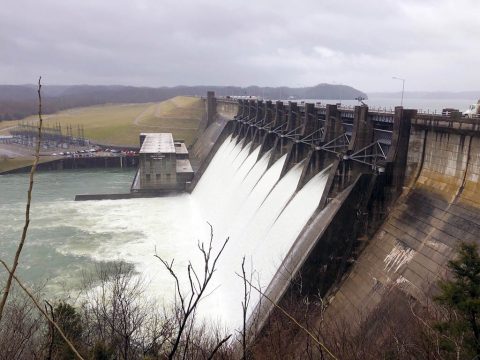 Wolf Creek Dam in Jamestown, KY, releases water from Lake Cumberland February 20th, 2019. (Misty Cravens, USACE)