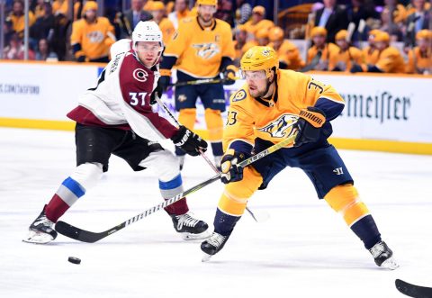 Nashville Predators right wing Viktor Arvidsson (33) passes the puck during the first period against the Colorado Avalanche at Bridgestone Arena. (Christopher Hanewinckel-USA TODAY Sports)