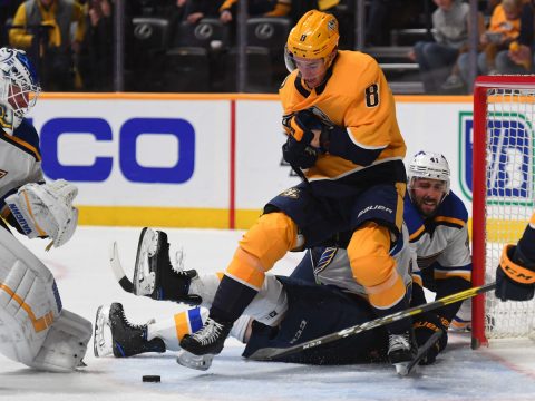  Nashville Predators center Kyle Turris (8) battles for a loose puck behind St. Louis Blues goaltender Jake Allen (34) during the third period at Bridgestone Arena. (Christopher Hanewinckel-USA TODAY Sports)