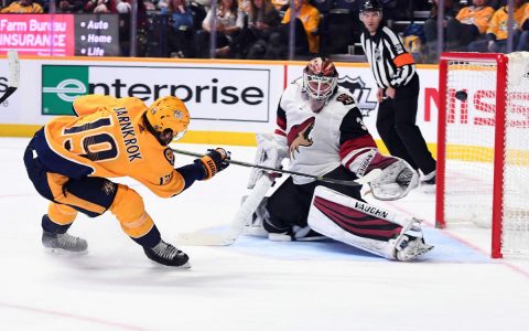 Nashville Predators center Calle Jarnkrok (19) scores past Arizona Coyotes goaltender Calvin Pickard (30) during the third period at Bridgestone Arena. (Christopher Hanewinckel-USA TODAY Sports)