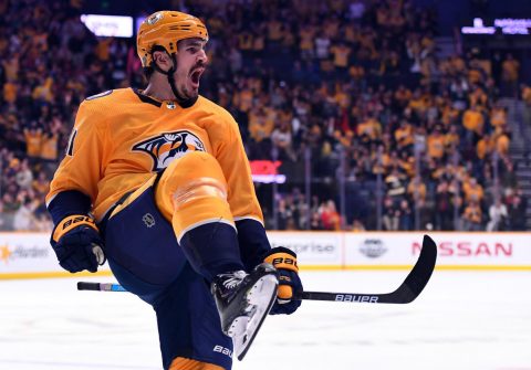  Nashville Predators center Brian Boyle (11) celebrates after scoring during the third period against the Montreal Canadiens at Bridgestone Arena. (Christopher Hanewinckel-USA TODAY Sports)