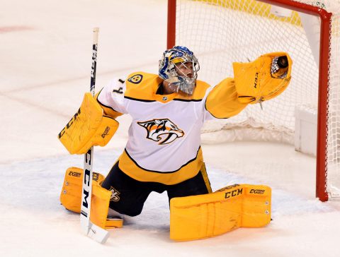 Nashville Predators goaltender Juuse Saros (74) makes a save against the Florida Panthers during the second period at BB&T Center. (Steve Mitchell-USA TODAY Sports)