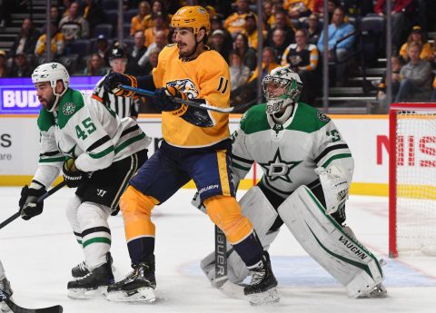 Nashville Predators center Brian Boyle (11) works in front of Dallas Stars goaltender Anton Khudobin (35) during the first period at Bridgestone Arena. (Christopher Hanewinckel-USA TODAY Sports) Nashville Predators center Brian Boyle (11) works in front of Dallas Stars goaltender Anton Khudobin (35) during the first period at Bridgestone Arena. (Christopher Hanewinckel-USA TODAY Sports)