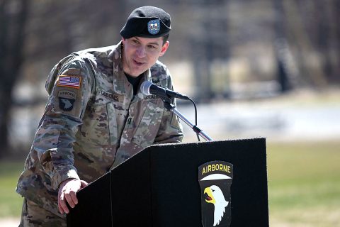 Incoming commander of The Sabalauski Air Assault School, Captain Kevin Gibbons, gives a speech during his Change of Command Ceremony, Wednesday, March 6, 2019. Gibbons grew up in Monroe Township, New Jersey and graduated from the University of Scranton in May 2010, where he was commissioned as a Logistics Officer. (Spc. Grant Ligon, 40th Public Affairs Detachment) Incoming commander of The Sabalauski Air Assault School, Captain Kevin Gibbons, gives a speech during his Change of Command Ceremony, Wednesday, March 6, 2019. Gibbons grew up in Monroe Township, New Jersey and graduated from the University of Scranton in May 2010, where he was commissioned as a Logistics Officer. (Spc. Grant Ligon, 40th Public Affairs Detachment)
