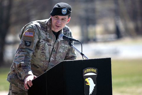 Incoming commander of The Sabalauski Air Assault School, Captain Kevin Gibbons, gives a speech during his Change of Command Ceremony, Wednesday, March 6, 2019. Gibbons grew up in Monroe Township, New Jersey and graduated from the University of Scranton in May 2010, where he was commissioned as a Logistics Officer. (Spc. Grant Ligon, 40th Public Affairs Detachment)