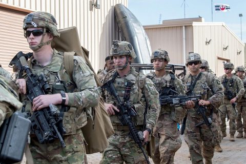 U.S. Soldiers from the 101st Airborne Division (Air Assault), assigned to the East Africa Response Force (EARF), deployed in support of Combined Joint Task Force Horn of Africa, prepare to depart for Libreville, Gabon, at Camp Lemmonier, Djibouti, Jan. 2, 2019. (U.S. Air Force photo by Staff Sgt. Amy Picard)