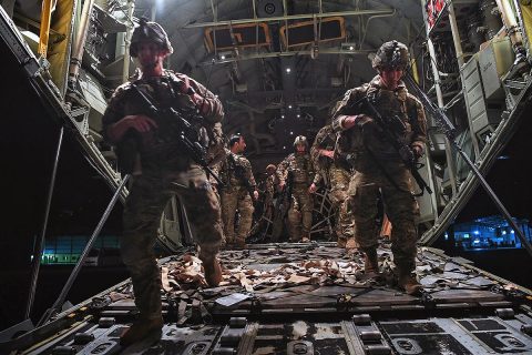 U.S. Soldiers from the 101st Airborne Division (Air Assault), assigned to the East Africa Response Force (EARF), deployed in support of Combined Joint Task Force Horn of Africa, disembary a C-130J Hercules in Libreville, Gabon,Jan. 2, 2019. (U.S. Air Force photo by Staff Sgt. Corban Lundborg)