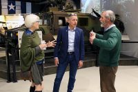 Dr. John O’Brian (right), director of the Don F. Pratt Memorial Museum, conducts a tour of the museum on Fort Campbell, Feb. 25, for Helen Ayer Patton (left), granddaughter of the legendary Gen. George S. Patton, Jr., and Hans Van Kessel (center) curator for the 101st Airborne Museum Le Mess in Bastogne, Belgium. (Sgt. James Griffin, 1st Brigade Combat Team Public Affairs)