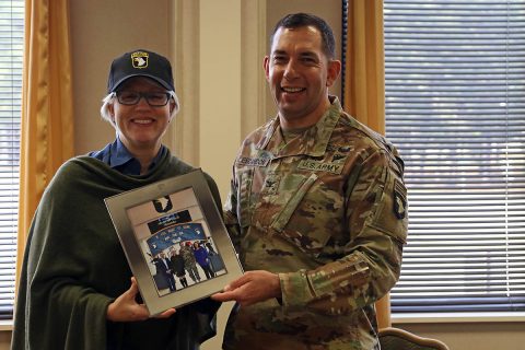 Col. Joseph E. Escandon, 2nd Brigade Combat Team, 101st Airborne Division (Air Assault) commander, presents Helen Ayer Patton, granddaughter of the famed Gen. George S. Patton, Jr. who commanded the U.S. Third Army in France and Germany following the Allied invasion of Normandy, with a framed photo commemorating her visit to Fort Campbell, Feb. 25. (Sgt. James Griffin, 1st Brigade Combat Team Public Affairs) Col. Joseph E. Escandon, 2nd Brigade Combat Team, 101st Airborne Division (Air Assault) commander, presents Helen Ayer Patton, granddaughter of the famed Gen. George S. Patton, Jr. who commanded the U.S. Third Army in France and Germany following the Allied invasion of Normandy, with a framed photo commemorating her visit to Fort Campbell, Feb. 25. (Sgt. James Griffin, 1st Brigade Combat Team Public Affairs)