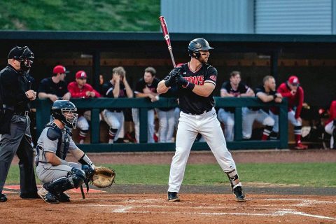 Austin Peay Baseball redshirt sophomore Parker Phillips nails a two run home run to help power the Govs to victory, Sunday. (Robert Smith, APSU Sports Information)