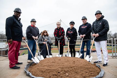 Austin Peay State University Director of Athletics Gerald Harrison is joined by Joe and Cathi Maynard, APSU president Dr. Alisa White, Linda and Doug Downey and Governors baseball head coach Travis Janssen in a ceremonial groundbreaking for the Governors new baseball clubhouse in February. (Robert Smith, APSU Sports Information)