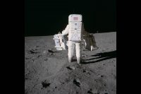 Apollo 11 Astronaut Buzz Aldrin moves toward a position to deploy two components of the Early Apollo Scientific Experiments Package, or EASEP, on the lunar surface. (NASA)