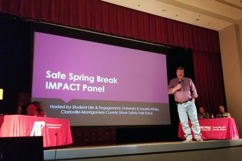 John Mark Adkins speaks at the Spring Break Distracted Driving IMPACT Panel.