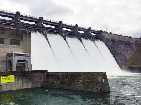 Dale Hollow Dam on the Obey River in Celina, Tennessee, discharges water March 4th, 2019. (Don Busbice, USACE) 