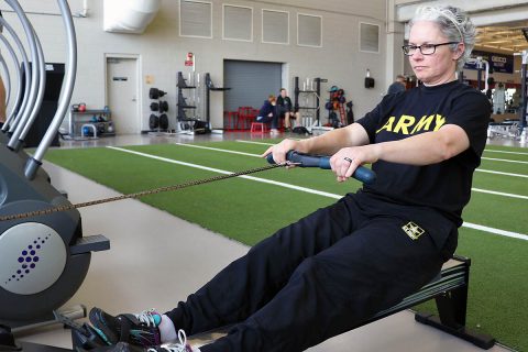 Master Sgt. Cinnamon Wright practices rowing at Shaw Gym Feb. 28. Wright is one of four Soldiers from Fort Campbell's Warrior Transition Battalion heading to the Army Trials at Fort Bliss, Texas, this week, to compete for a spot on Team Army in the 2019 Warrior Games later this year. Adaptive reconditioning activities including rowing are linked to a variety of benefits for Wounded Warriors, and assists in their overall rehabilitation and recovery. (U.S. Army photo by Maria Yager)