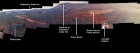 This image is a cropped version of the last 360-degree panorama taken by the Opportunity rover’s Panoramic Camera (Pancam) from May 13 through June 10, 2018. The view is presented in false color to make some differences between materials easier to see. (NASA/JPL-Caltech/Cornell/ASU)