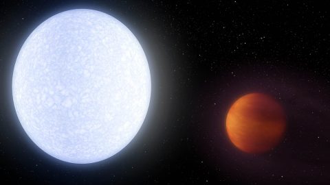 This artist's concept shows planet KELT-9b, an example of a "hot Jupiter," or a gas giant planet orbiting very close to its parent star. KELT-9b is an extreme example of a hot Jupiter, with dayside temperatures reaching 7,800 degrees Fahrenheit (4,300 Celcius). (NASA/JPL-Caltech)