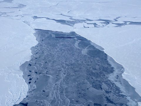 A big lead, or opening in the sea ice pack, in the eastern Beaufort Sea, as seen from a NASA Operation IceBridge survey flight on Apr. 14, 2018. (NASA/Joe MacGregor) A big lead, or opening in the sea ice pack, in the eastern Beaufort Sea, as seen from a NASA Operation IceBridge survey flight on Apr. 14, 2018. (NASA/Joe MacGregor)